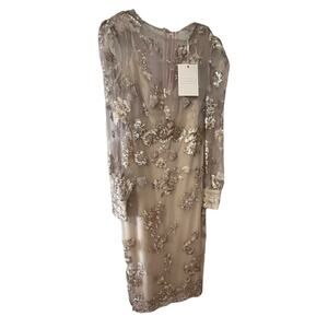 Mac Duggle Beige Embellished High Neck Long Sleeve Midi Dress sz 8 Style #70237